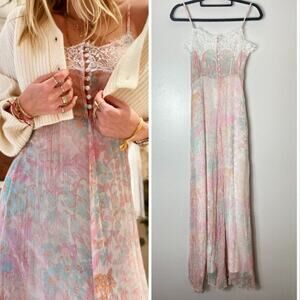 NWT LOVESHACKFANCY DRESS MAXI FLORAL PINK TRIM CROCHET LACE LONG SHEER SPRING